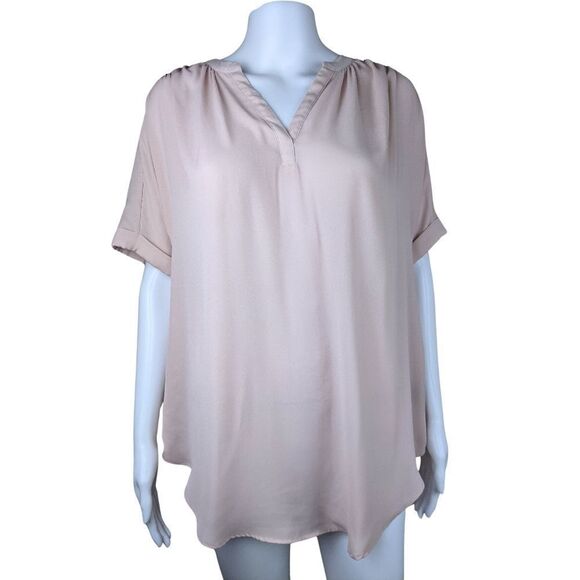 Worthington Small Solid Light Pink Short Sleeve V Neck Sheer Formal Blouse - Picture 1 of 8